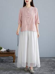 LUCIDVUE 2 pièces/Set Tenue Hanfu modifiée pour femmes Printemps/Été Costume Tang Top en lin Blouse rose Pantalon large en mousseline Jupe Tenue de yoga Élégante - Rose bonbon - Voir 3