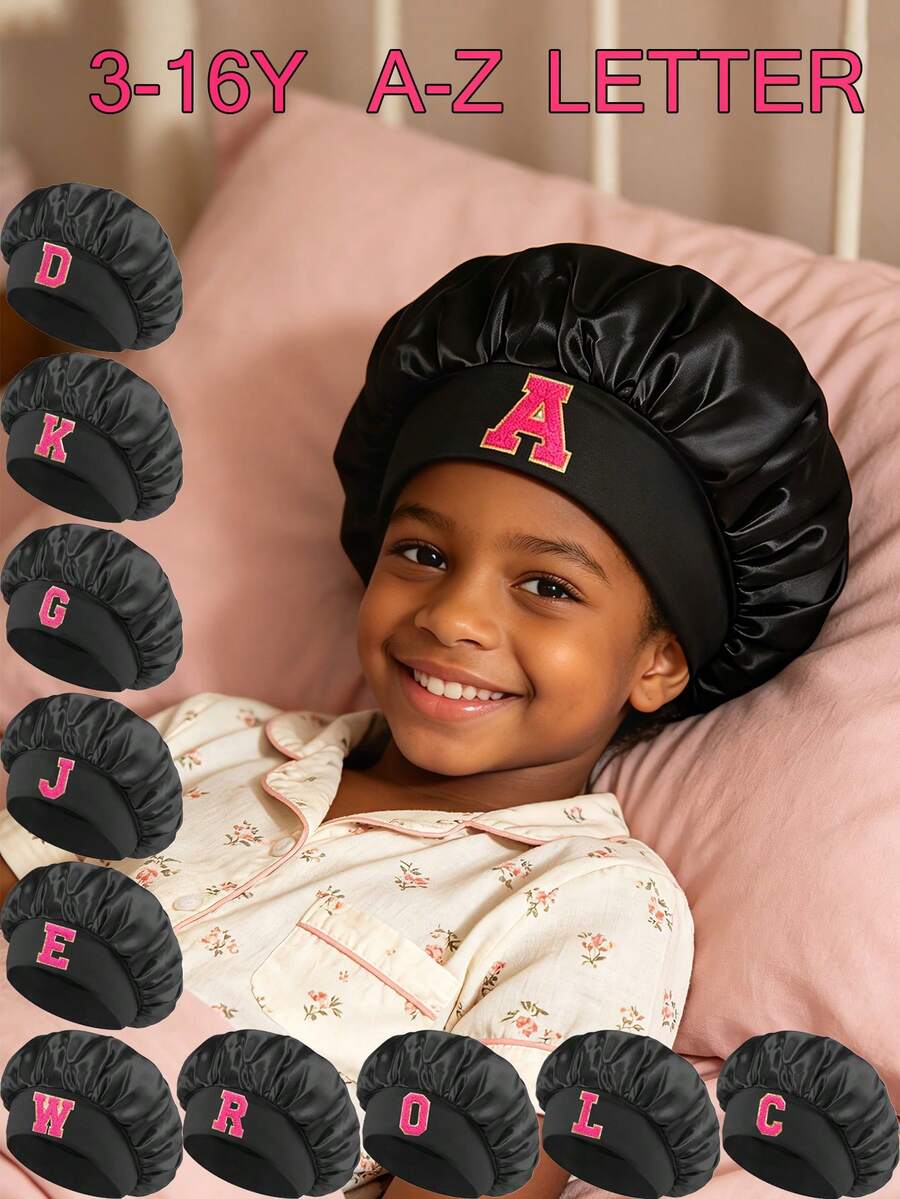 1 Piece Boys Girls Black Satin Bonnet Kids' Black Silky Sleep Cap For Hair Protection Soft Nighttime Headwear For School, Sleepovers & Travel Aged 3-16Y - Black - View 1