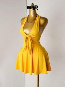 Vestido de verano de unicolor con escote halter y espalda descubierta para mujer - Amarillo 2 - Ver 5