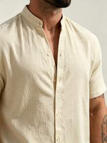 Men's Summer Vacation Linen Blend Button-Up Shirt - Apricot - View 2