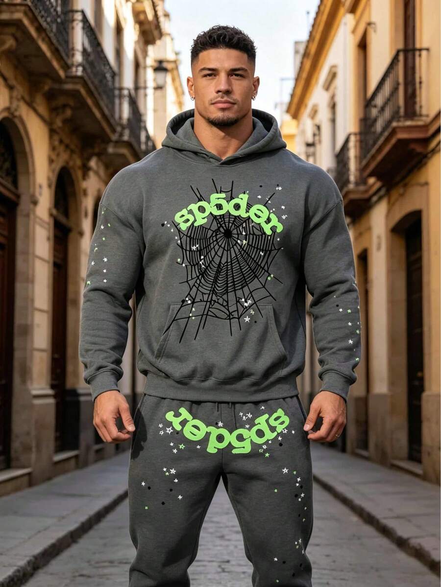 2-Piece Set Of Clothes And Pants ,Men's Oversized Hip Hop Spider Web Pattern Graphic Alphabet Print Harajuku Vintage Hoodie Long Sleeve Street Wear Top For Both Men And Women - Xám - Xem 1