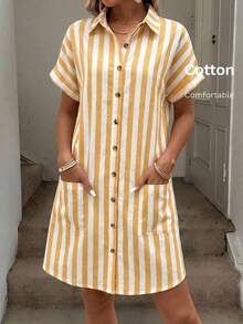 Vestido camisero de algodón a rayas para mujer - Amarillo - Ver 12
