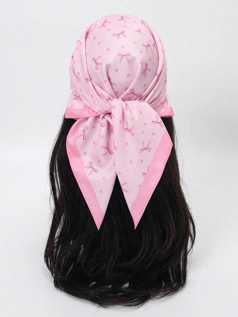 1pc Simple Printed 70cm Square Scarf, New Spring Bandana For Women, Versatile Waist Tie, Headband, Fashion Neckerchief,Holiday,Travel Essential - Baby Pink - View 1