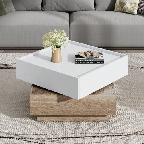 Multifunctional Coffee Table, Living Room Side Table, 360° Swivel Table With Shelf And Two-Tier Compartment, Walnut Frame, White, 60 * 60 * 38 Cm - White - View 1