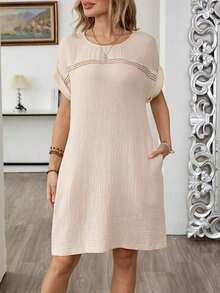Vestido corto casual de mujer de unicolor con mangas de murciélago - Caqui - Ver 5