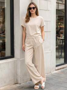 Women's Summer 2-Piece Lounge Set Khaki Short Sleeve Pullover Tee And Relaxed Wide Leg Sweatpants With Pockets Breathable Cotton Blend Matching Outfit For Streetwear Airport Outfit Casual Chic Aesthetic Minimalist Co-Ord Set Soft Knit Lightweight Lounging Suit - Màu be - Xem 1