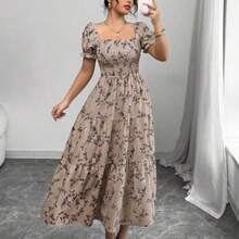 Women's Spring/Summer Square Neck Pleated Short Sleeve Ruffle Hem Maxi Dress, Featuring Small Ditsy Floral, Suitable For Casual Daily Life, Work, Travel, Beach, Bohemian, Western, Music Festival, Countryside Style - Marrón Mocha - Ver 1