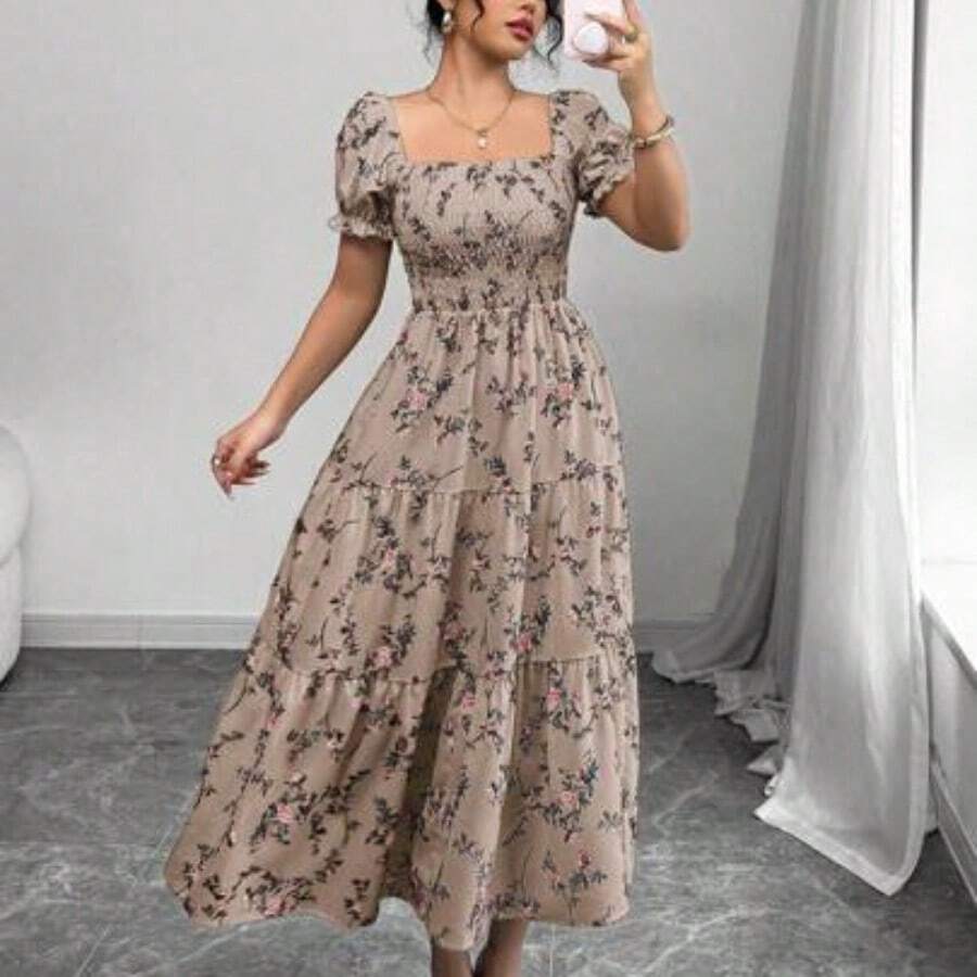 Women's Spring/Summer Square Neck Pleated Short Sleeve Ruffle Hem Maxi Dress, Featuring Small Ditsy Floral, Suitable For Casual Daily Life, Work, Travel, Beach, Bohemian, Western, Music Festival, Countryside Style - Marrón Mocha - Ver 1
