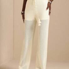 Women's Pineapple Lattice Hollow-Out Textured Knit Straight Leg Casual Pants, Vacation Style, Spring/Summer - Albaricoque - Ver 7