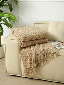 1pc Solid Color Knitted Throw Blanket With Tassels, Soft Textured Woven Blanket For Couch Sofa Bed Living Room Home Decor - YU Khaki - View 6