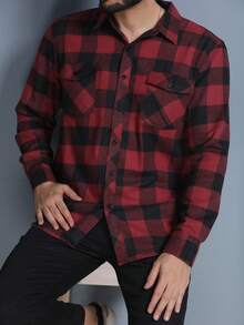 Men's Plaid Flannel Shirt, Regular Fit/Long Sleeve/Warm/Casual - Burgundy - View 4
