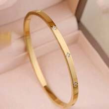 1 pieza Brazalete de acero inoxidable versátil y minimalista de moda para mujeres, con diseño de clavo con trébol de cuatro hojas incrustado - Multicolor - Ver 3