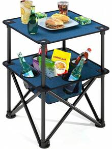 SLXY Folding Camping Table, Portable Outdoor Picnic Table, Lightweight Square Camp Table With Built-In 4 Cup Holders Food Basket And Travel Bag Barbeque Beach Camping And Tailgate Blue - 鋁製桌面+存儲 - 查看 11
