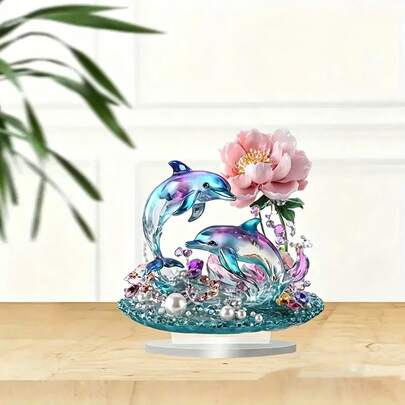 Đồ trang trí phẳng bằng acrylic hình cá heo và hoa mẫu đơn chuyển màu pha lê, 2D (không phải 3D), lấp lánh để bàn, trang trí trung tâm bàn làm việc nhà và văn phòng với họa tiết hoa biển.