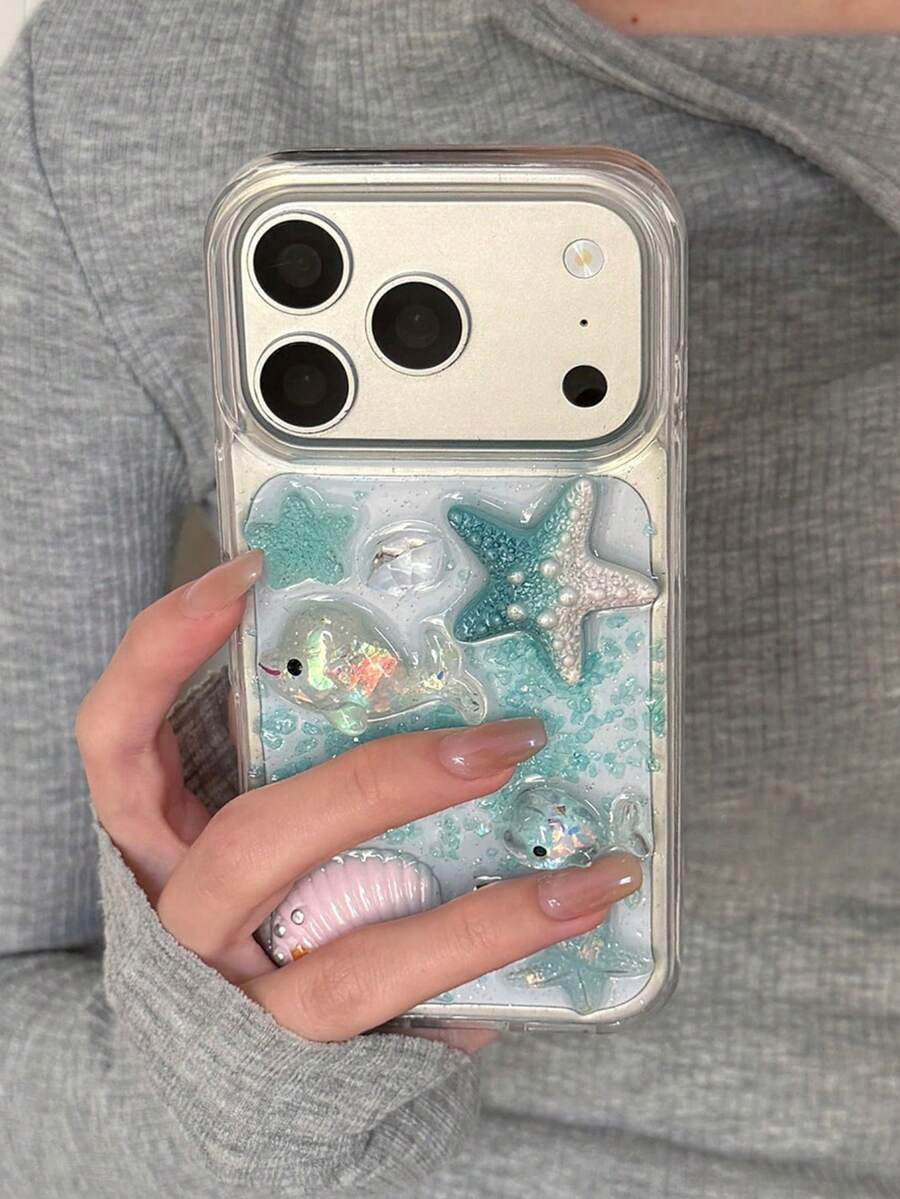 1pc INS Style Shell & Starfish Beads Water Wave Creative Transparent Phone Case, Soft Silicone Back Cover For IPhone 17 Air 16 15 14 13 12 11 Pro Max Plus