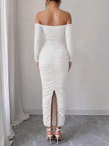 Womens  Fall Long Sleeve Maxi Dress Off Shoulder Mesh Ruched Bodycon  Long Wedding Guest Christmas New Years Valentine Vacation Dresses For Women Elegant - 白色 - 查看 2