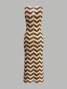 Women's Wavy Pattern Sexy V-Neck Tie-Up Hollow-Out Beach Resort Knit Brown Cover Up Dress,Elegant DressSummer Vacation - Multicolor - View 9
