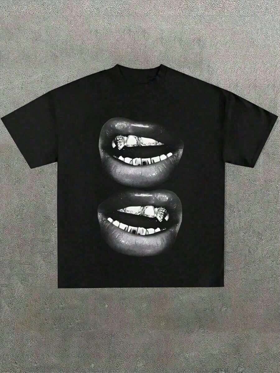 Camiseta gráfica divertida Grill Lips, casual suave, camiseta impresa de patrón de algodón puro de 220gsm - Negro - Ver 1