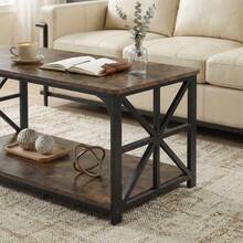 GOFLAME Rectangular Coffee Table With Open Storage Shelf, Industrial Farmhouse 2-Tier Accent Table, Heavy-Duty Metal Frame Center Table For Living Room, 109x50x48cm, Rustic Brown - Rust Brown - View 6