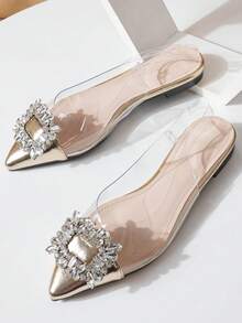 2026 New Sexy Pointed Toe Strap Gold Sandals, French Style Low Vamp Rhinestone Flat Shoes For Spring - Gold - View 9