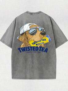 Vintage Washed Dog Graphic T‑Shirt, Retro Sunglasses Dog Print Crew Neck Short Sleeve Casual Fall Streetwear Oversized Tee For Women - 灰色 - 查看 2