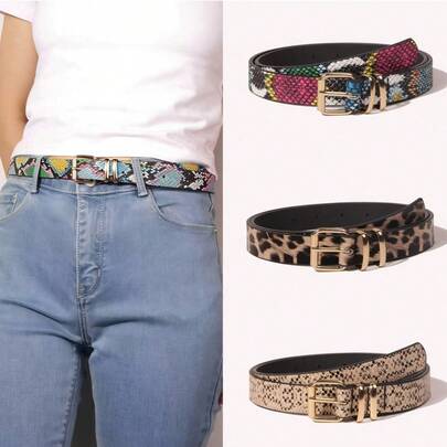 1Pc Y2K Animal Print Women Belt, Snake Leopard Pattern PU Leather Gold Buckle Waist Belt For Jeans Daily Wear