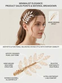 1 chiếc kẹp tóc hình lá trang trí ngọc trai giả, phụ kiện tóc dệt bằng dây vàng phong cách Boho, kẹp mỏ vịt thanh lịch kiểu cổ tích dành cho phù dâu đám cưới, kẹp tóc cành ngọc trai sang trọng cho nữ, kẹp tóc dây kim loại tối giản, dụng cụ tạo kiểu tóc phong cách lãng mạn Pháp. - Vàng - Xem 5
