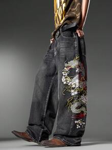 Pantalones vaqueros negros bordados para hombres de American Street, pantalones anchos y sueltos cómodos, uso casual para todas las estaciones (cinturón y accesorios no incluidos) - Negro - Ver 2