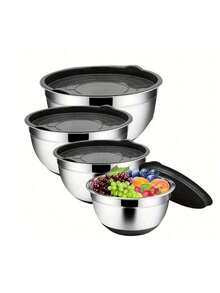 5pcs Salad Bowl WithCover Set, Mixing Bowl Set,Stainless Steel Salad MixingBowls With Silicone Base AndLis, Non-Slip For FoodStorage, Meal Prep, SaladAnd More, Kitchen GadgetsKitchen Accessones - View 3