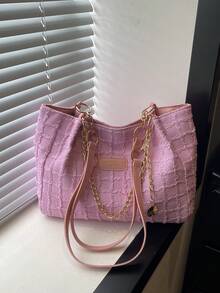 Fashionable Striped Handbag - Women's Large Capacity Shoulder Bag - Zipper Tote Bag For Daily Use With Metal Chain - Pink - View 9