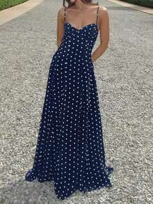 Vestido de verano elegante sin mangas con escote en V y estampado de lunares para mujer, color negro - Azul marino - Ver 1