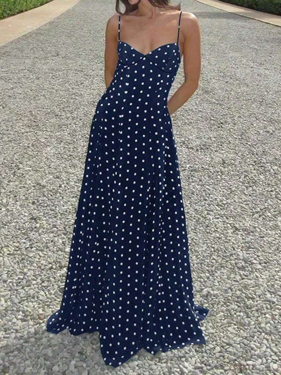 Vestido de verano elegante sin mangas con escote en V y estampado de lunares para mujer, color negro - Azul marino - Ver 1