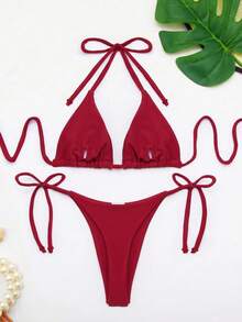 Conjunto de bikini triángulo de unicolor con cuello de halter anudado para vacaciones de verano en la playa - Burdeos - Ver 3