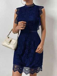 Lunessa Vestido con encaje de cuello alto ribete en abanico - azul real - Ver 3