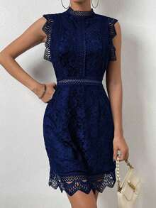 Lunessa Vestido con encaje de cuello alto ribete en abanico - azul real - Ver 4