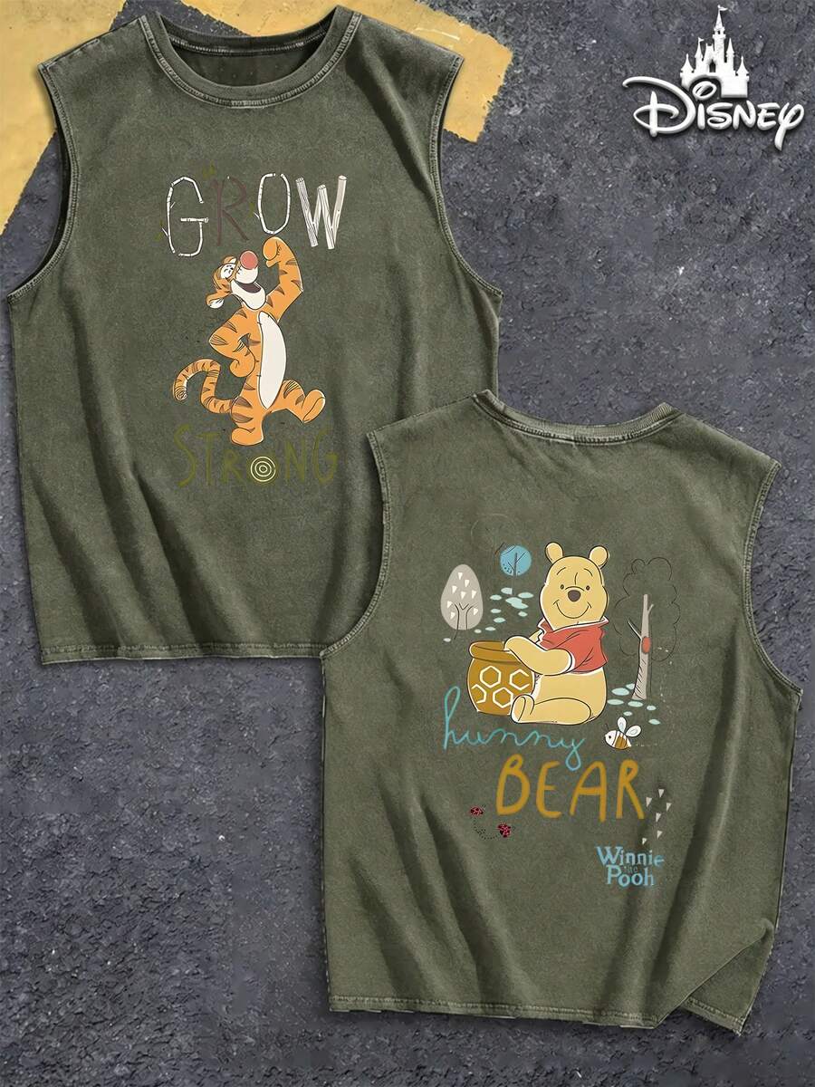Ärmelloses Herren-T-Shirt aus 100 % Baumwolle (230 g/m²), vorgewaschen und behandelt, robuster Stoff, verziert mit Disney-Motiven von Tigger und Winnie Puuh | Lässiger Rundhalsausschnitt im Retro-Stil | Weiches und atmungsaktives Material | Lässiger Streetstyle | Ein Must-have für Tigger-Fans | Ideales Geschenk für Winnie-Puuh-Liebhaber | Perfekt für Familienausflüge | Eine Top-Wahl für sportliche Männer - Armeegrün - Übersicht 1