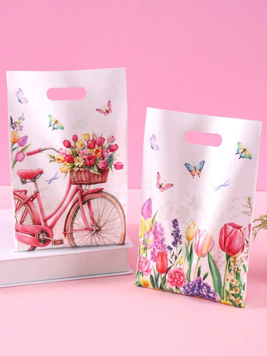 10/20/50pcs Spring Floral Bicycle Gift Bags, Pink Tulip & Butterfly Pattern Party Favor Bags With Handles, Suitable For Birthday, Wedding, Celebration, Spring/Summer Theme Party, Gift Packaging, Small Business Packaging, Retail Shopping Bags