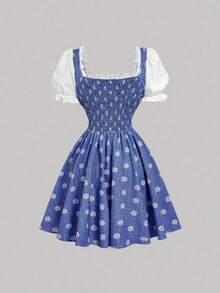 MOD Vestido vintage azul con cuadros y parches, con mangas abullonadas y lazo cruzado - Perfecto para vacaciones, citas, picnics, fiestas, bailes de graduación, festivales y cumpleaños - Azul y blanco 2 - Ver 6
