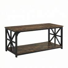 GOFLAME Rectangular Coffee Table With Open Storage Shelf, Industrial Farmhouse 2-Tier Accent Table, Heavy-Duty Metal Frame Center Table For Living Room, 109x50x48cm, Rustic Brown - Rust Brown - View 8