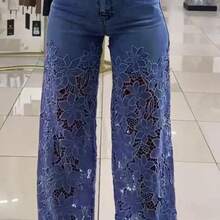 Fashionable Women's Denim Straight Leg Jeans With Eye-Catching Contrast Lace Detail, Long And Sexy Boho Style Trousers - 深藍色 - 查看 1