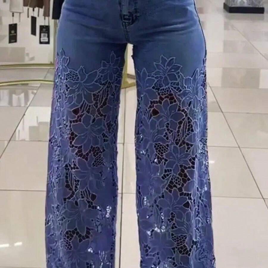 Fashionable Women's Denim Straight Leg Jeans With Eye-Catching Contrast Lace Detail, Long And Sexy Boho Style Trousers - 深藍色 - 查看 1