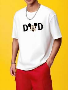 [Sold Separately For Men And Women] Disney Minnie Mouse & Mickey Mouse Dad Print Crew Neck Short-Sleeved T-Shirt | Sweet And Loose Fit | Versatile Casual Top Suitable For Couples' Dates, Family Outings, And Daily Commutes. - 男士T卹 - 查看 2
