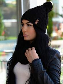Kit Touca + Cachecol Infinito Tricot com Pompom Moda Inverno Feminino 2026 - Preto - Visão 2