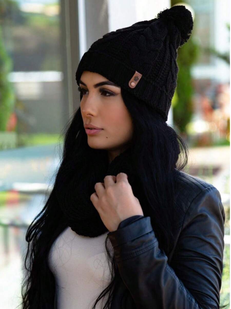 Kit Touca + Cachecol Infinito Tricot com Pompom Moda Inverno Feminino 2026