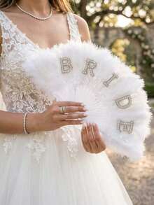 2pcs/Set - Bridal Feather Fan & Belt Set, White Fluffy Hand Fan With "Bride" Letter Pearl Decor, Bridesmaid Party Bridal Shower Wedding Photography Bridal Accessories, Bridal Party Decor, Wedding Greeter Decoration - White - View 11