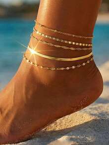 5pcs/Set Multilayer Gold Tone Anklet Set, Minimalist Luxury Design, Versatile For Beach Holiday, High-End Anklet Jewelry For Women - Gold - View 2