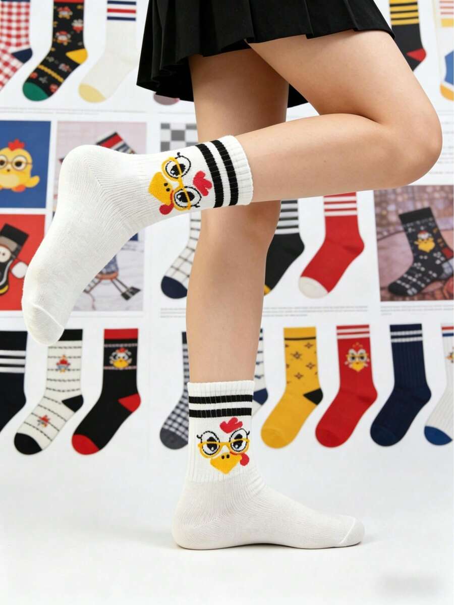 1/2 Pairs Cartoon Chick Print Striped Mid-Calf Socks, Unisex Breathable Comfortable Athletic Socks, Cute Chick Design, Black & White Stripes, Versatile For Students And Couples - Multicolor - View 1