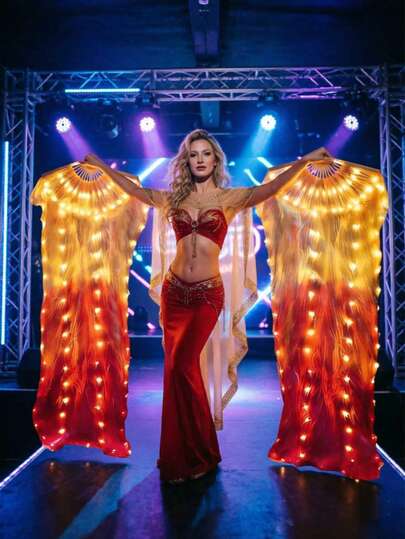 1 pieza Ventilador con iluminación LED para adultos, longitud de 1,5 m, tira de luz suave, adecuado para danza del vientre, decoración de escritorio y otras ocasiones. Baterías no incluidas. Aplicable para fiestas, actuaciones en el escenario, bodas, Halloween, Navidad y otros eventos.