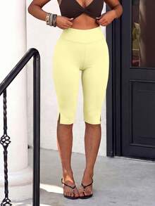 New Versatile Solid Color Ankle-Opening Elastic Fitted Bermuda Shorts Summer - Light Yellow - View 6