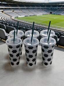 6pcs Reusable Plastic Football Shaped Cups With Lids & Straws, Suitable For Football Fans, Football Themed Party Decor & Gifts - Multicolor - View 8